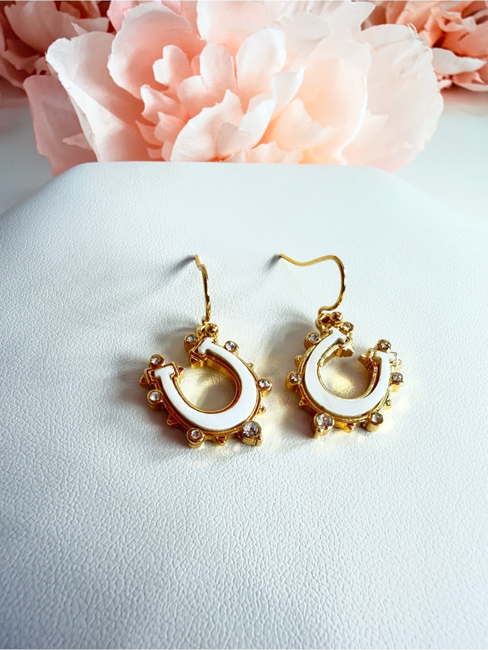 Gold and White Horseshoe Drop Earrings - Women Jewelry